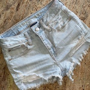 light wash, super stretch, high rise jean shorts